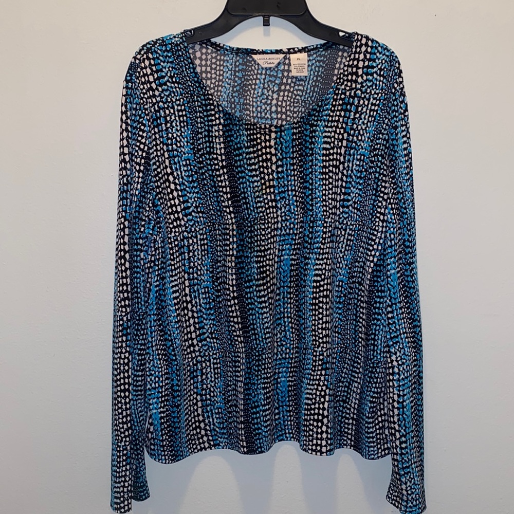 Laura Ashley Petite Blue Black and White Abstract Print Long Sleeve Blouse